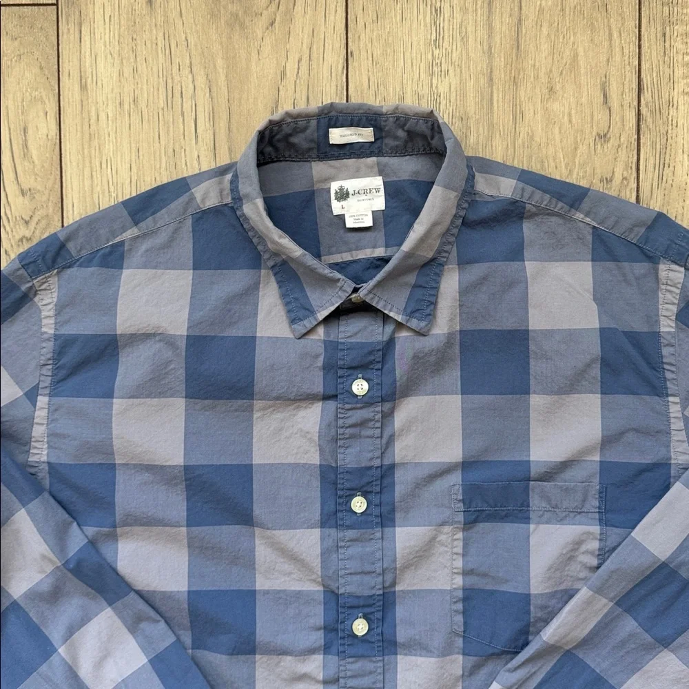J Crew Tailored Fit Blue Plaid Button Down Shirt Men Large Cotton Preppy Casual
